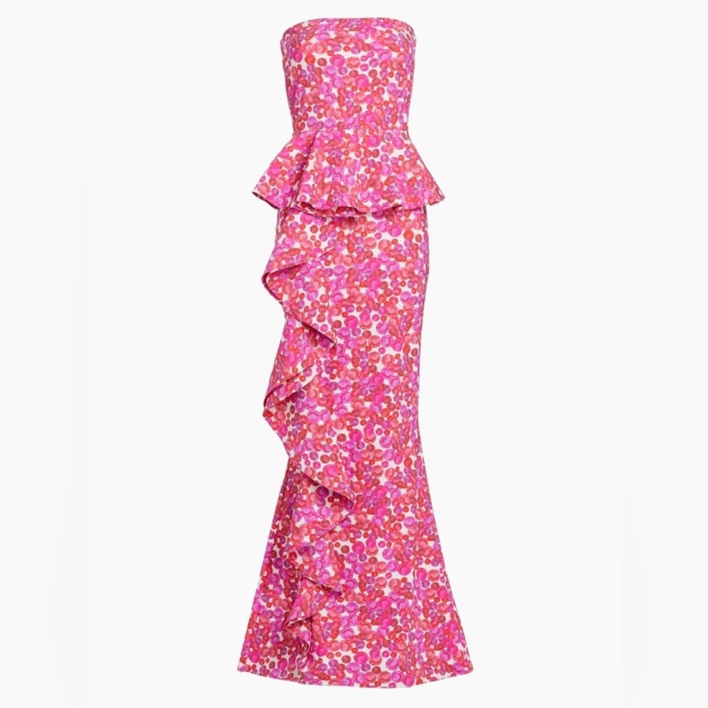 Strapless Pink Floral Ruffle Dress